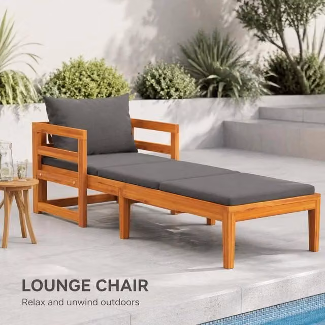 Sun Lounger With Dark Grey Cushions, Solid Acacia Wood