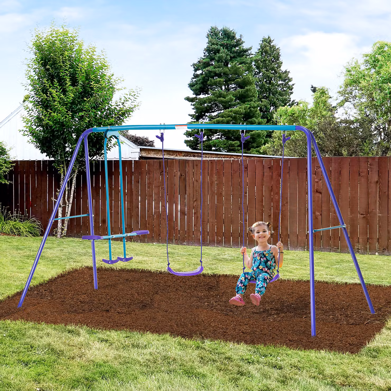 Outsunny Altalena da Giardino in Metallo con 2 Altalene e Dondolo, Altezza Regolabile, L/P/H: 280 x 140 x 176 cm, Viola e Blu – 2