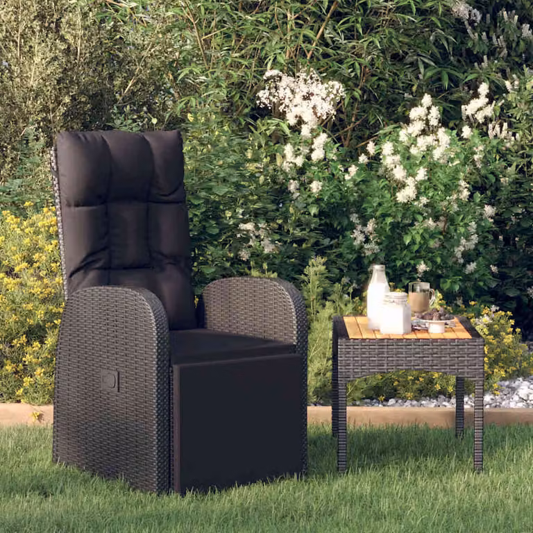 vidaXL Sedia da Giardino Reclinabile in Polyrattan Nero con Cuscini e Braccioli