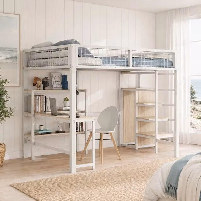 Letto a soppalco in metallo 140x200 cm con scrivania, armadio e mensole, bianco, senza materasso