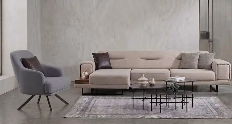 Divano angolare componibile, poltrona, confortevole, morbido, spazioso, elegante, color beige, blu