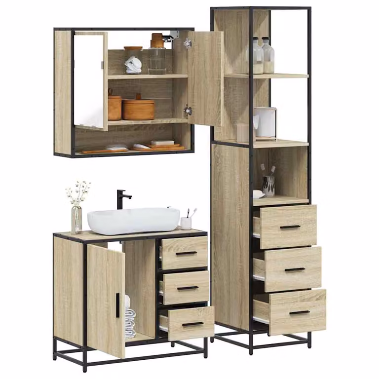 Set di mobili da bagno industrial vidaXL in legno e metallo marrone composto da armadietto specchio, mobile lavabo e colonna alta, L/P/H: 60 x 20 x 65 cm