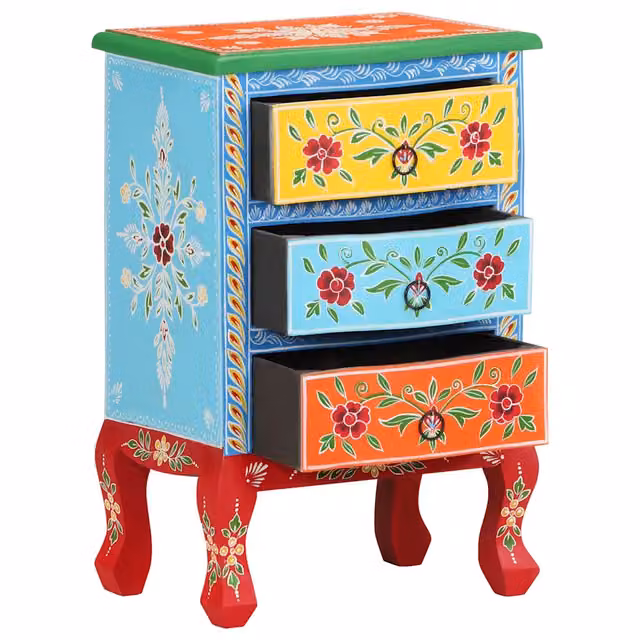 Comodino a parete vidaXL in legno di mango con decorazione floreale multicolore L: 40 cm, P: 30 cm, H: 60 cm
