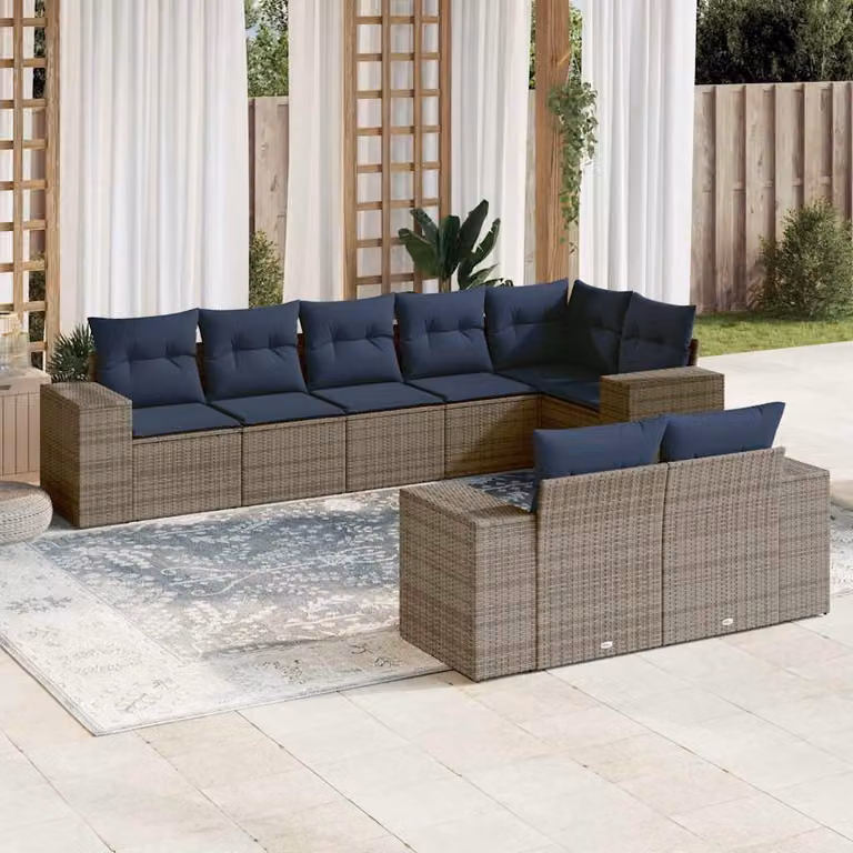 Set di divani da giardino vidaXL a forma di U composto da 8 pezzi in polyrattan con cuscini grigi e blu