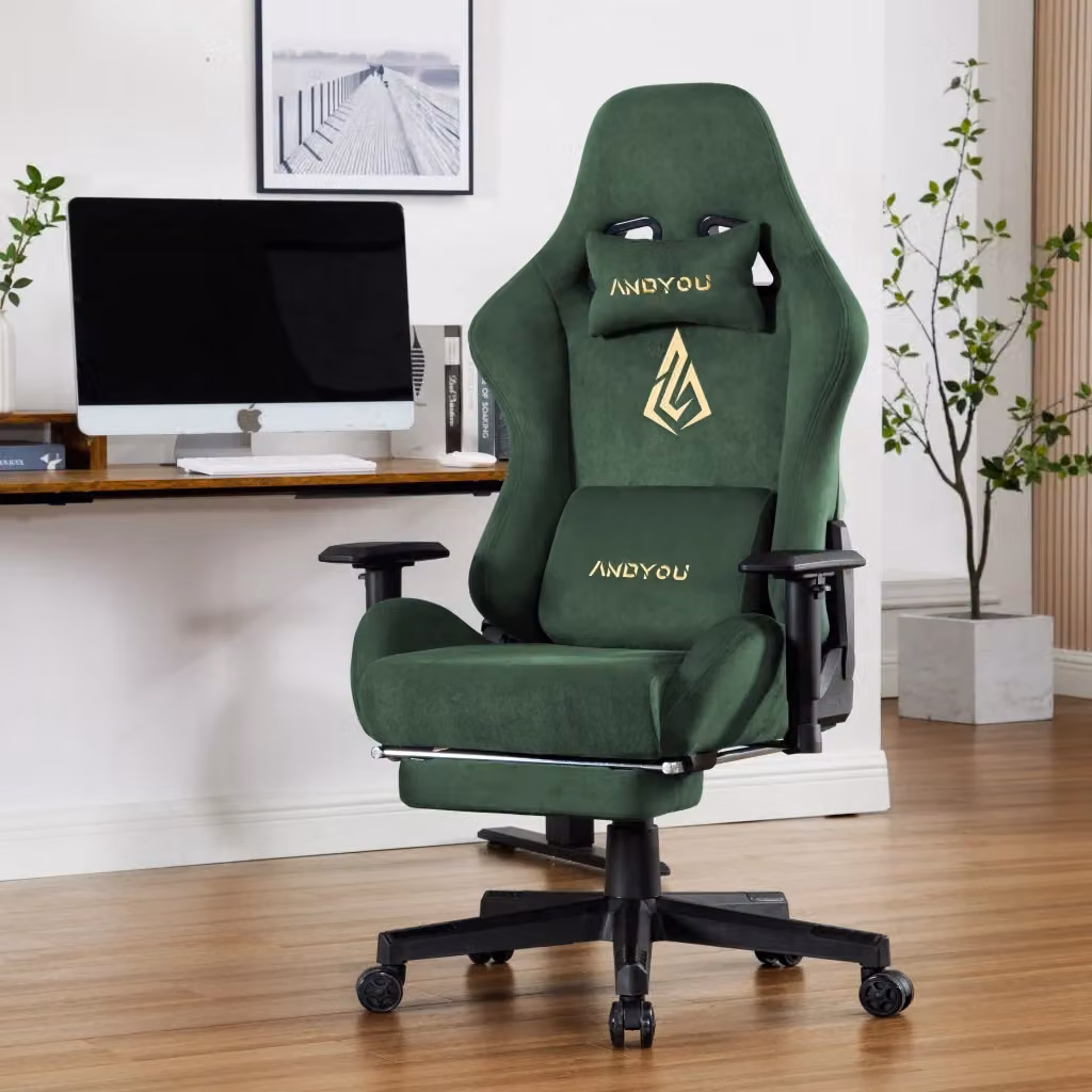 Sedia da Gaming ANDYOU Verde con Poggiapiedi Regolabile, Schienale Imbottito e Ruote per Casa e Ufficio – 2