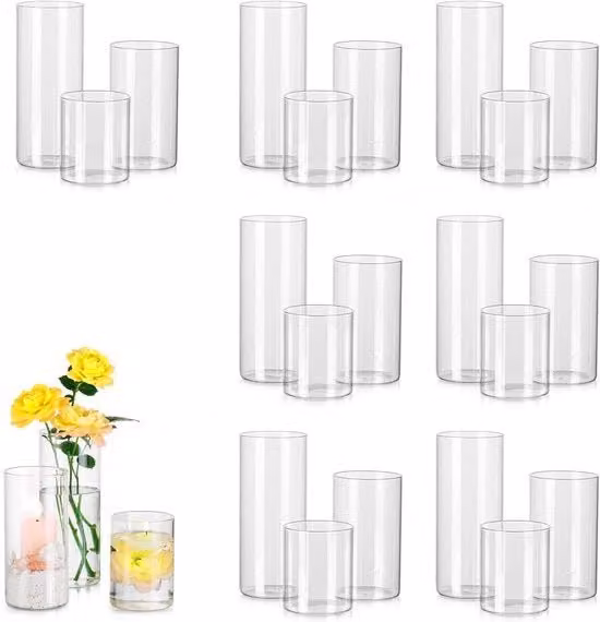 Set di Vasche per Fiori in Vetro, Cilindro in Vetro con Piede, 24 Vasche, Luminaria per Candelabri in Vetro, Sostegno per Candelabri a Stelo, Vasche per Candelabri in Vetro, Dimensioni: 10/15/20cm