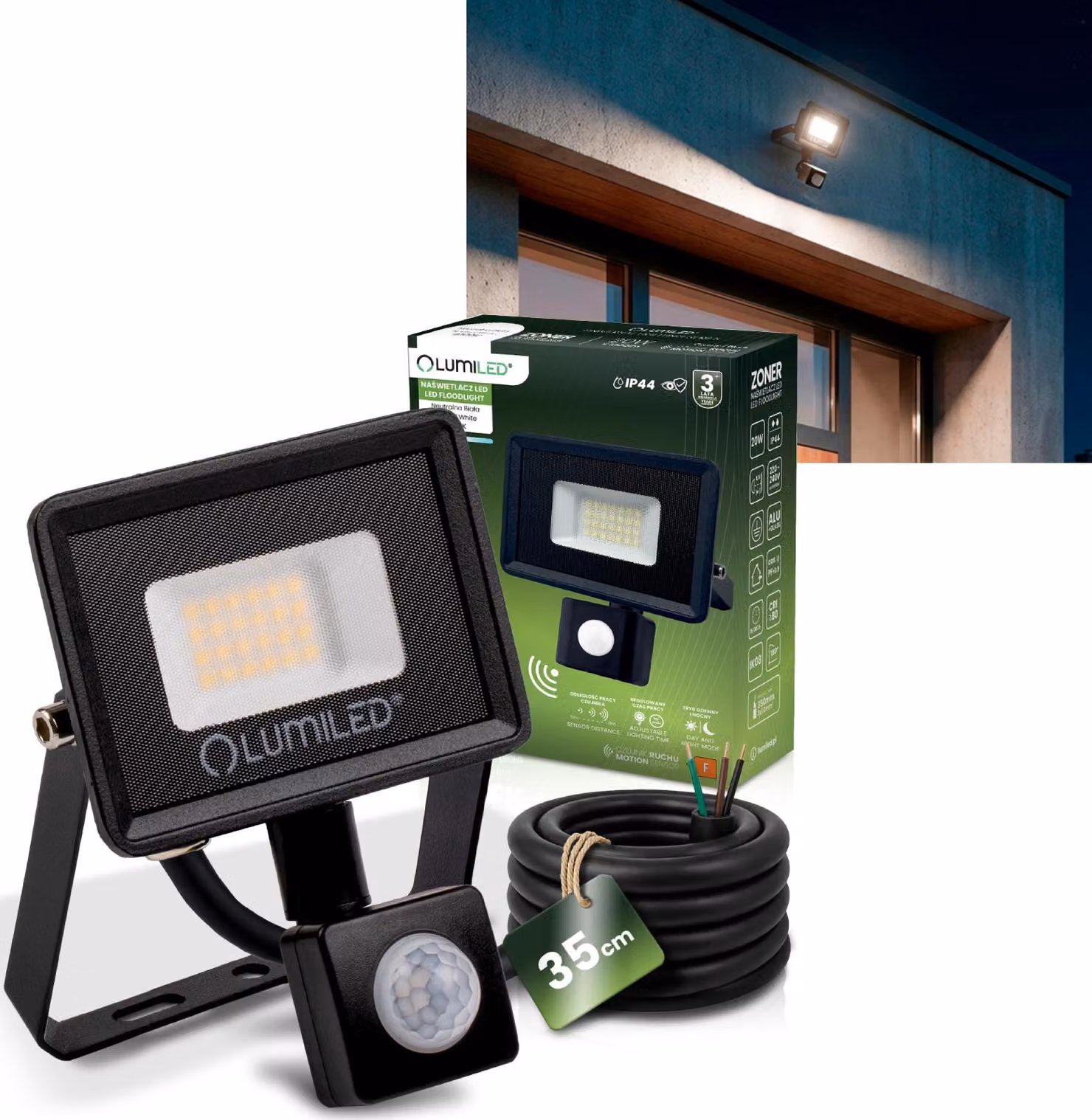 Faretto LED LUMILED con sensore di movimento per esterni 20W 1800lm Bianco neutro 4000K IP44 Resistente agli spruzzi d'acqua Faretto LED per esterni per giardino, garage, cortile, parete Sensore crepuscolare Faretti Proiettori Faretti neri
