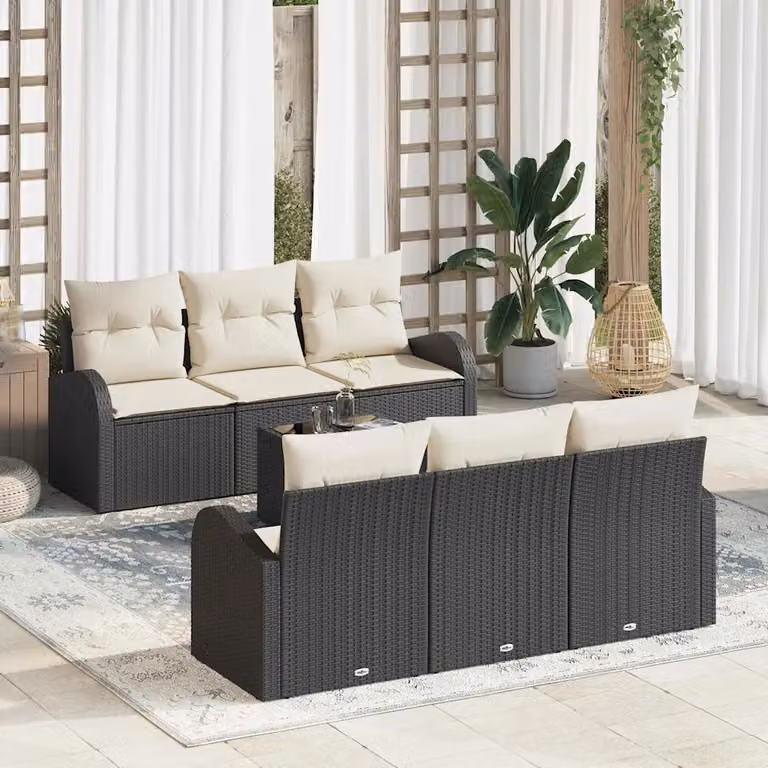 Set Divano da Giardino vidaXL 7 Pezzi Nero con Cuscini e Tavolino in Polyrattan e Metallo