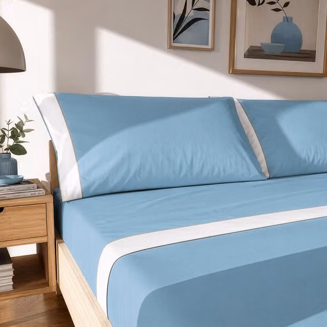 Completo letto matrimoniale cotone bordato azzurro