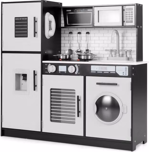 Set di cucina giocattolo Design Mania in legno con forno, lavatrice, microonde e dispenser d'acqua, colore nero e bianco, L/P/H: 80,5 x 36 x 82 cm – 1