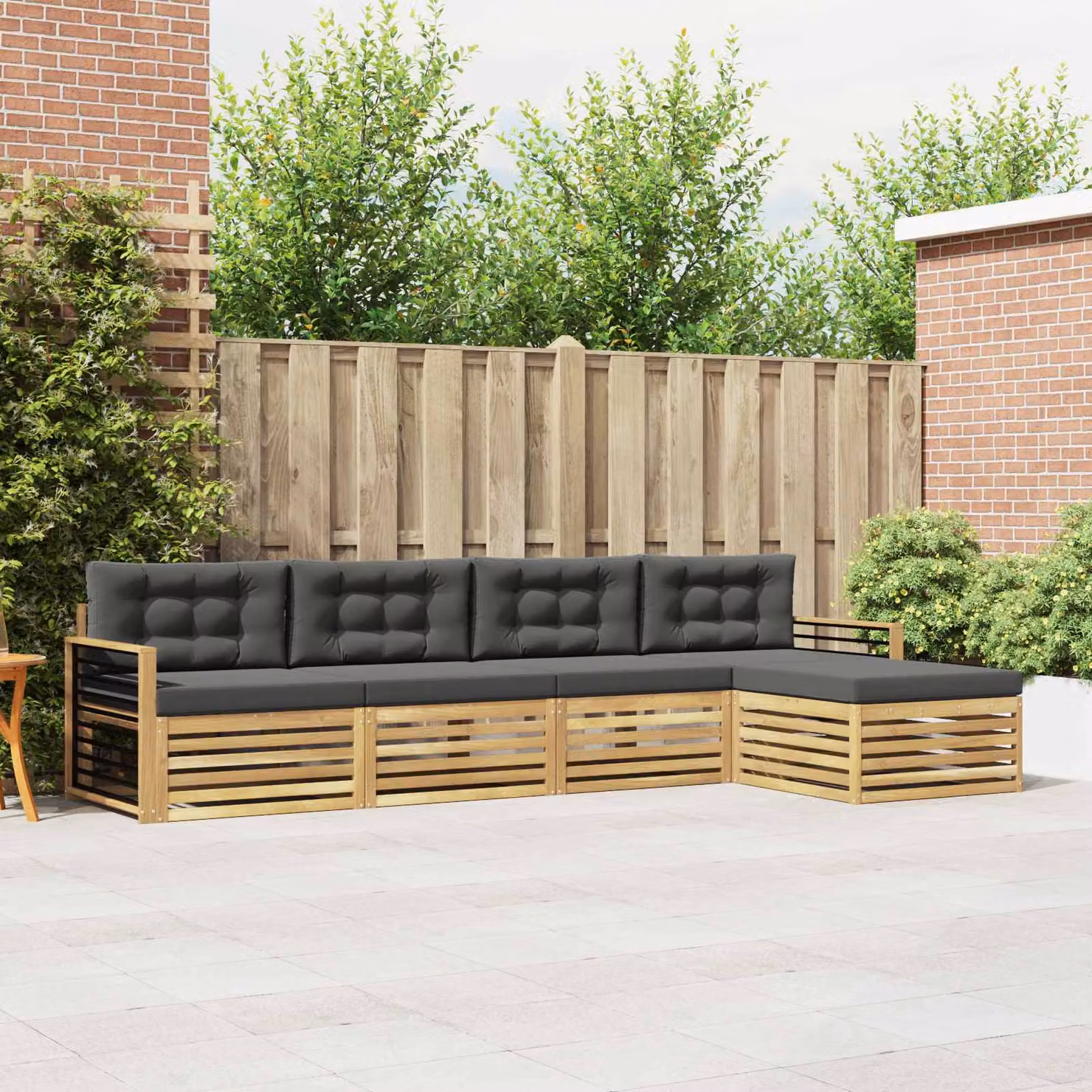 Set di divani da esterno vidaXL 5 pz a forma di L con pouf, in legno di acacia e tessuto resistente ai raggi UV, Bianco e Antracite