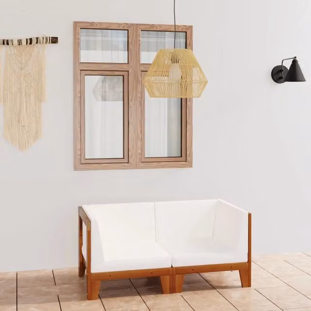 Divano da giardino a 2 posti vidaXL in legno di acacia trattato con cuscini beige e bianco