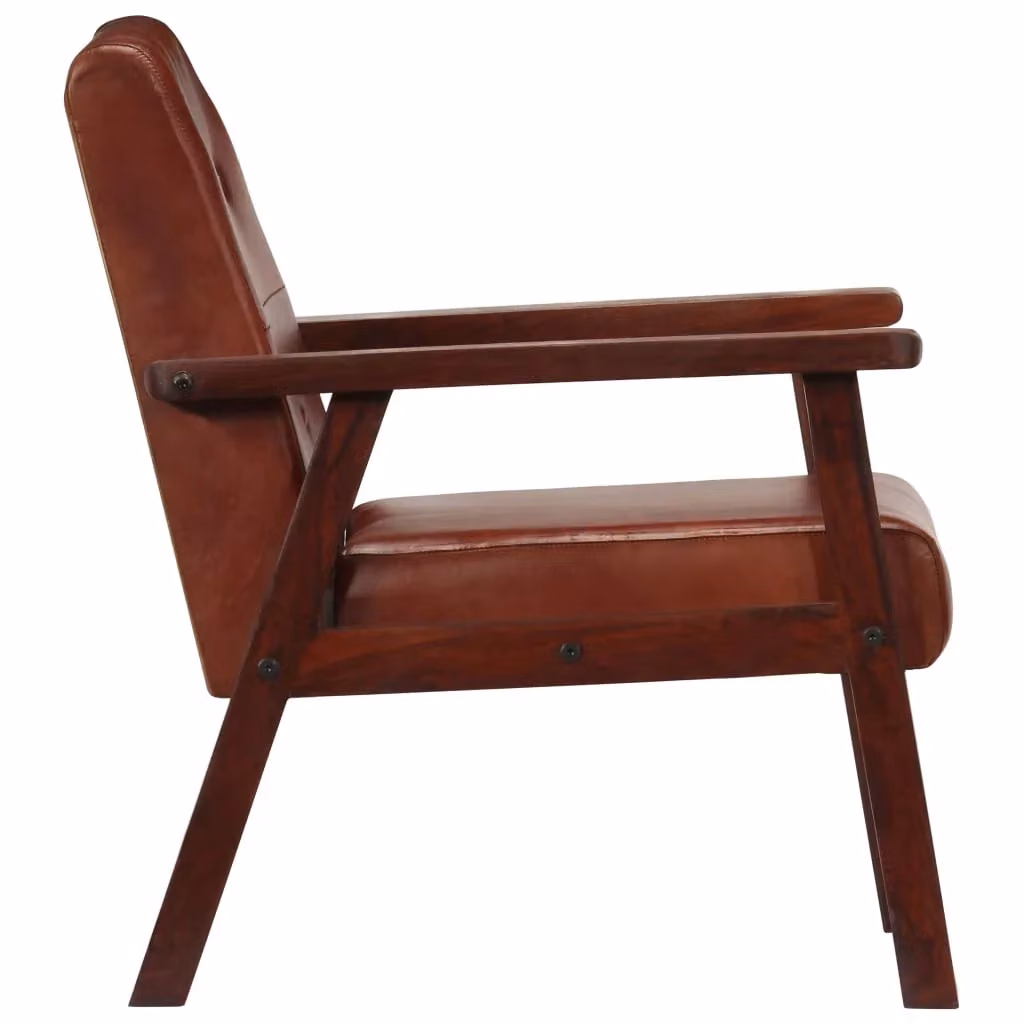 Poltrona design in vera pelle marrone con struttura in legno di acacia per soggiorno e ufficio – 2