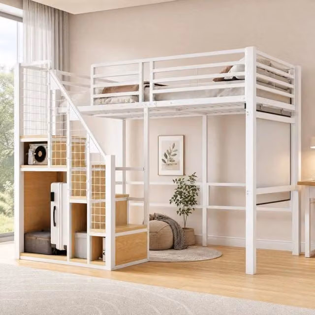 Letto a soppalco singolo moderno in metallo e MDF bianco con contenitore e scale per cameretta bambini L/P/H: 208.5 x 90 x 146.2 cm