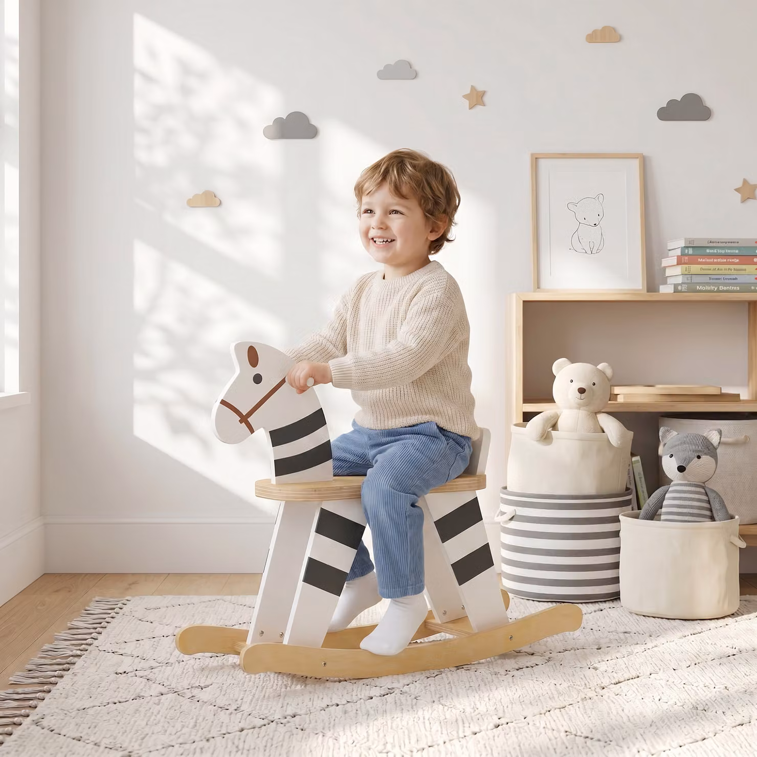 AIYAPLAY Cavallo a dondolo in legno multicolore per bambini 1,5-3 anni L/P/H: 68 x 26 x 53 cm – 2