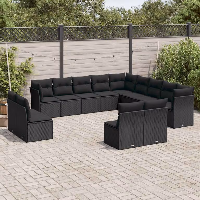 Set di divani da giardino vidaXL a forma di U in polyrattan nero con cuscini inclusi