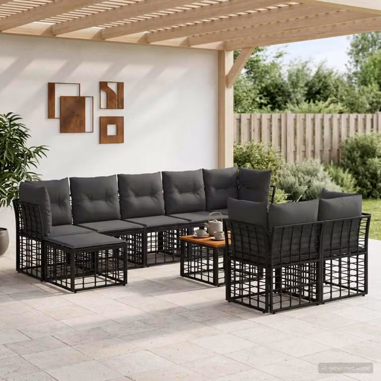 vidaXL Set di divani da esterno a forma di U composto da 10 pezzi con cuscini, colore nero e grigio, struttura in metallo e tessuto in poliestere con coperture rimovibili