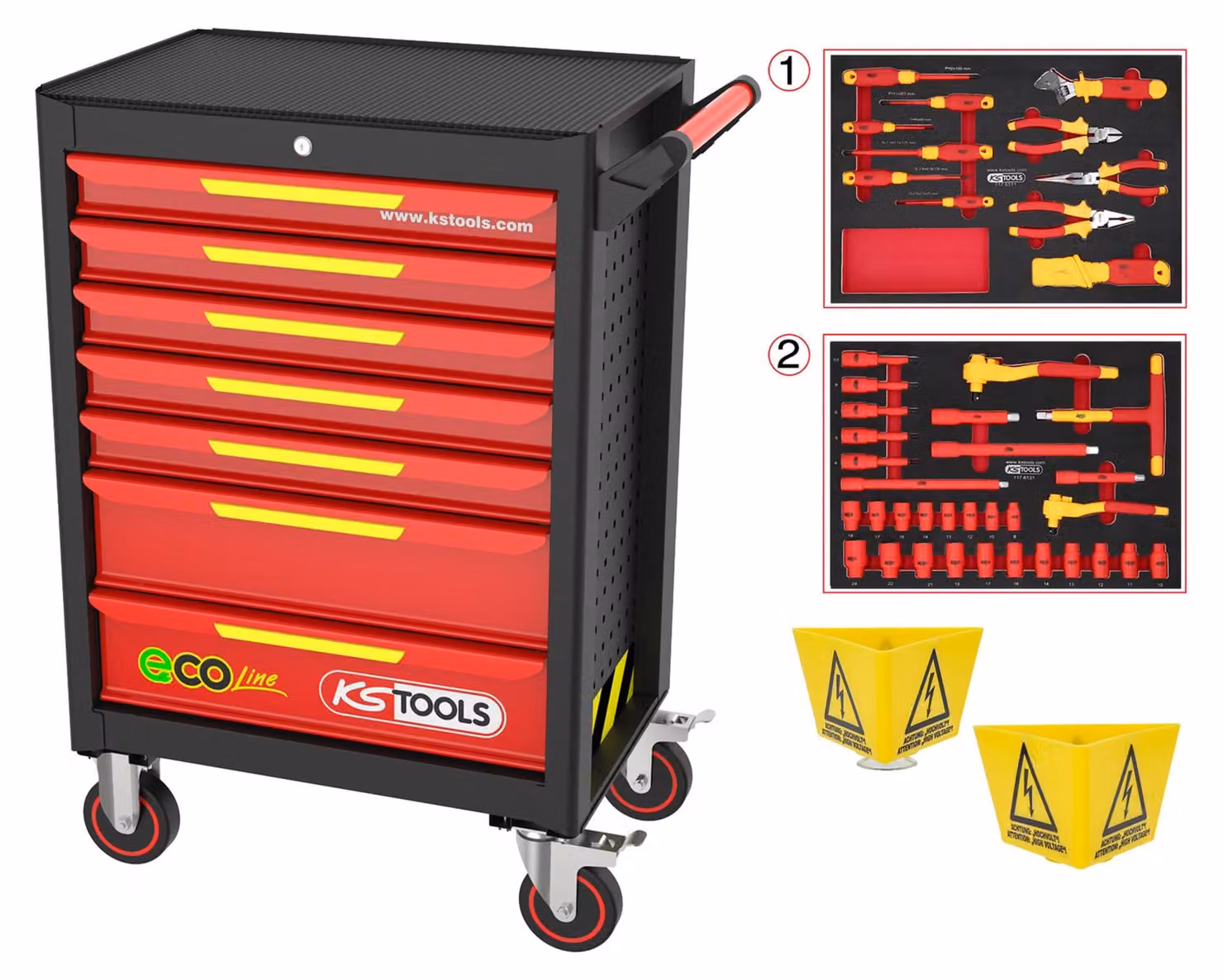KS TOOLS Carrello da officina ECOline con 42 utensili isolati per veicoli ibridi ed elettrici - 117.6144