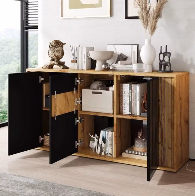Sideboard 140x35x71 cm con 3 ante; MDF e truciolare; nero e legno