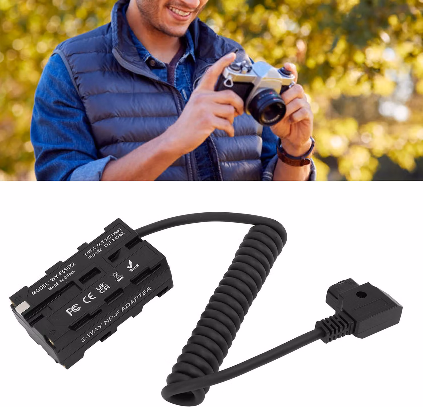 D Tap to NP F970 F570 F550 Cavo a spirale per batteria fittizia a doppia faccia Alimentazione accoppiatore CC per fotocamera digitale Monitor a luce LED