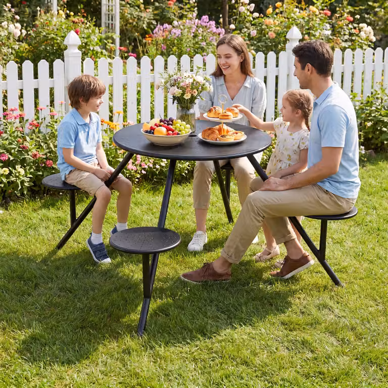 Set tavolo da picnic Costway con 4 sedie in metallo nero opaco, tavolo da giardino rotondo con foro per ombrellone e sedute rotonde in acciaio inossidabile
