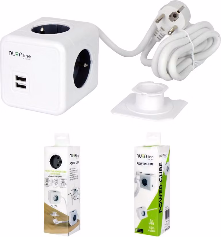 Adattatore AURA line CUBE Presa a 4 vie con 2 porte USB e cavo da 1,5 m
