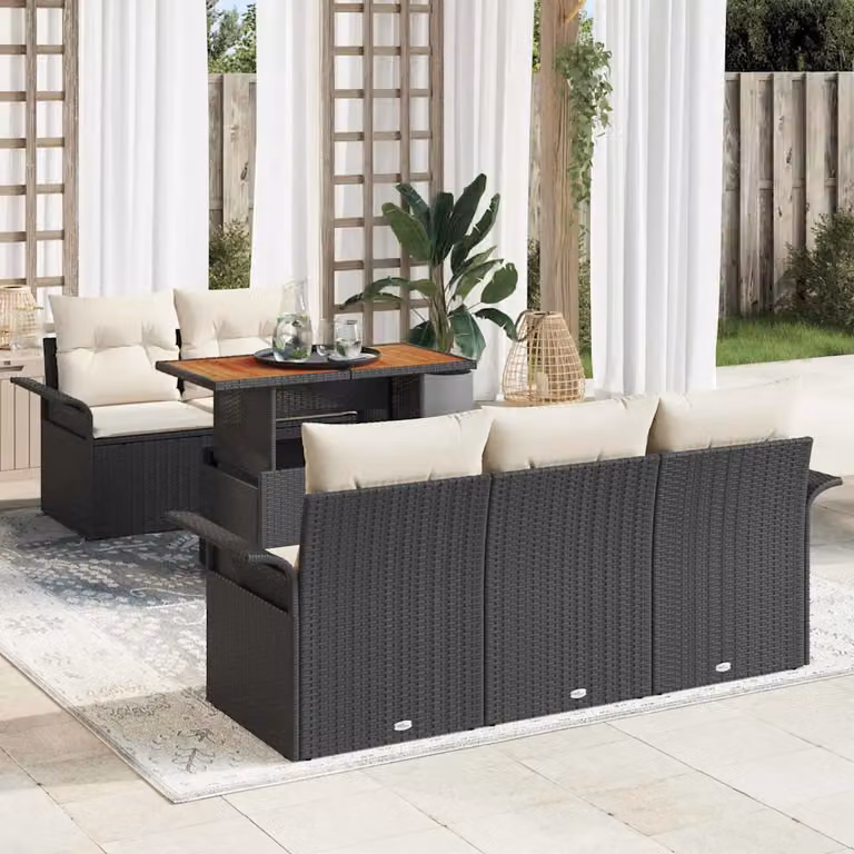 Set Divano da Giardino vidaXL 6 Pezzi in Polyrattan con Cuscini Imbottiti Nero e Beige