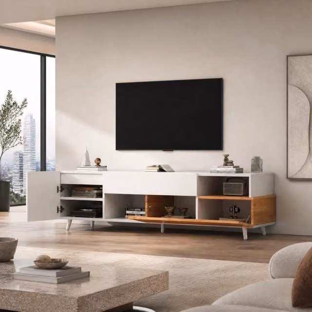 Mobile TV con anta ribaltabile e cassetto in truciolare bianco e legno naturale per TV da 75 pollici 180 × 38 × 50 cm