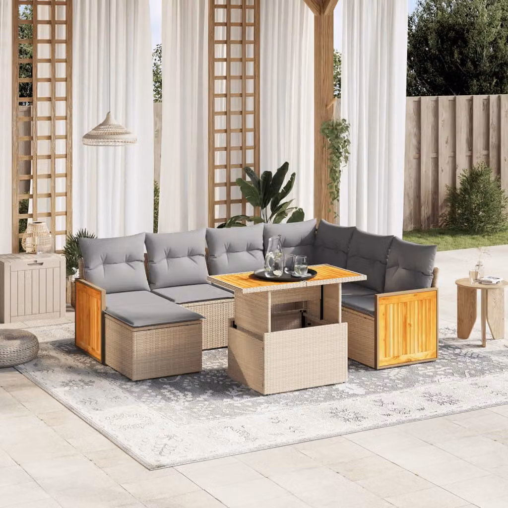 vidaXL Set Divano da Giardino 8 pz in Polyrattan con Cuscini Beige e Tavolino da Caffè – 1