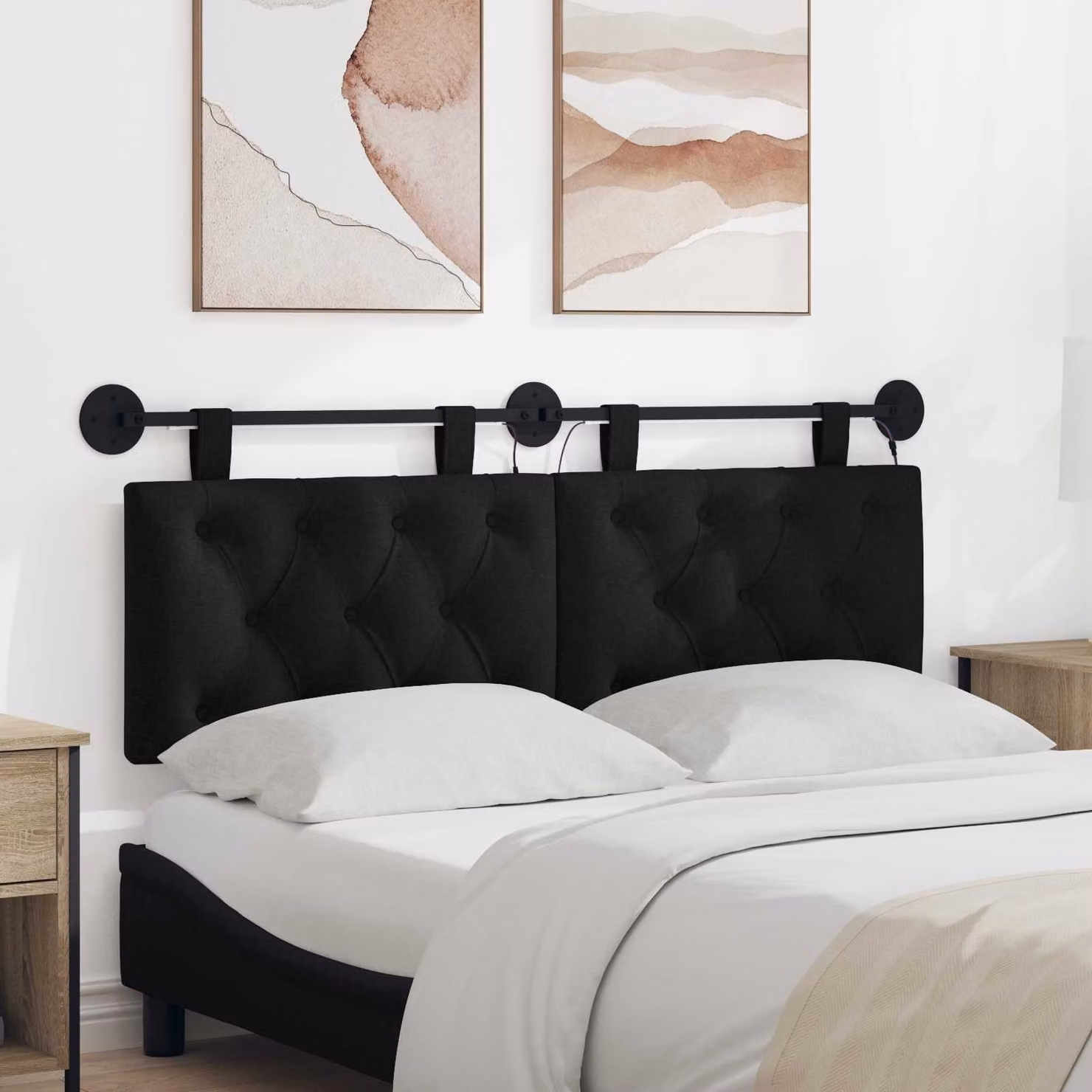 Testiera sospesa vidaXL con luce LED integrata in tessuto nero moderno L: 150 cm, H: 55 cm, P: 7 cm