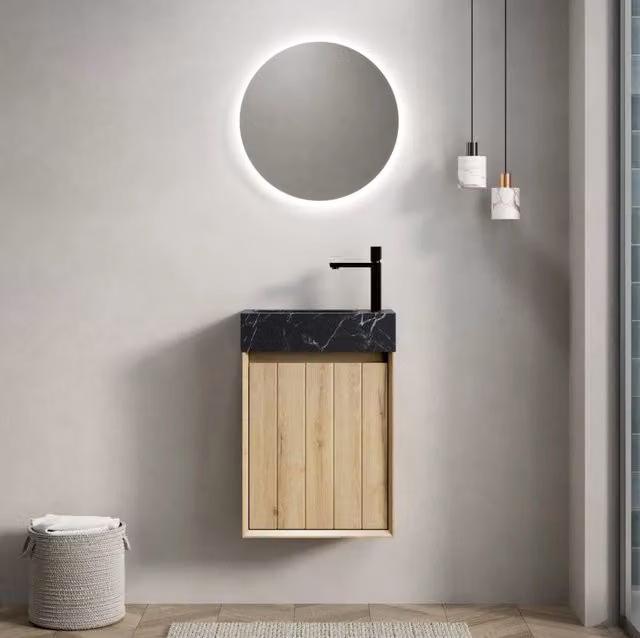 Mobile bagno ULEVR con lavabo integrato in marmo naturale, anta in rovere bianco e mobile nero