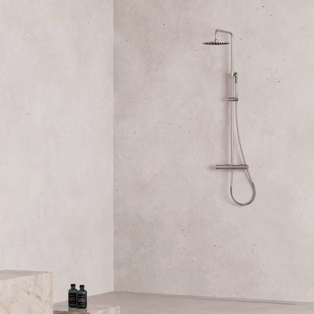 SINED Miscelatore Doccia Termostatico Levante in Acciaio Inox Satinato con Soffione da 25 cm e Doccino a Mano, Installazione a Parete – 1