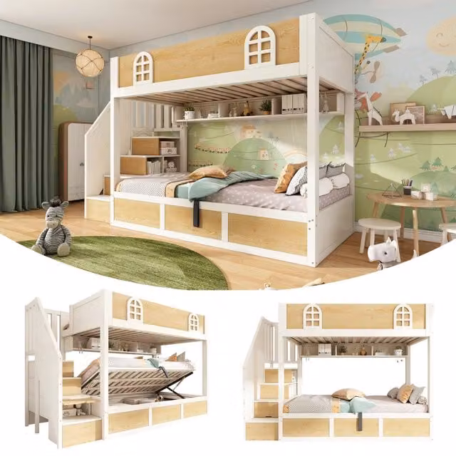 Letto a castello con scala e contenitore in legno e metallo 90x200 cm