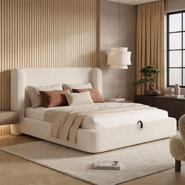 Letto contenitore 180x200 cm; matrimoniale con contenitore idraulico; rete a doghe; bouclé; beige