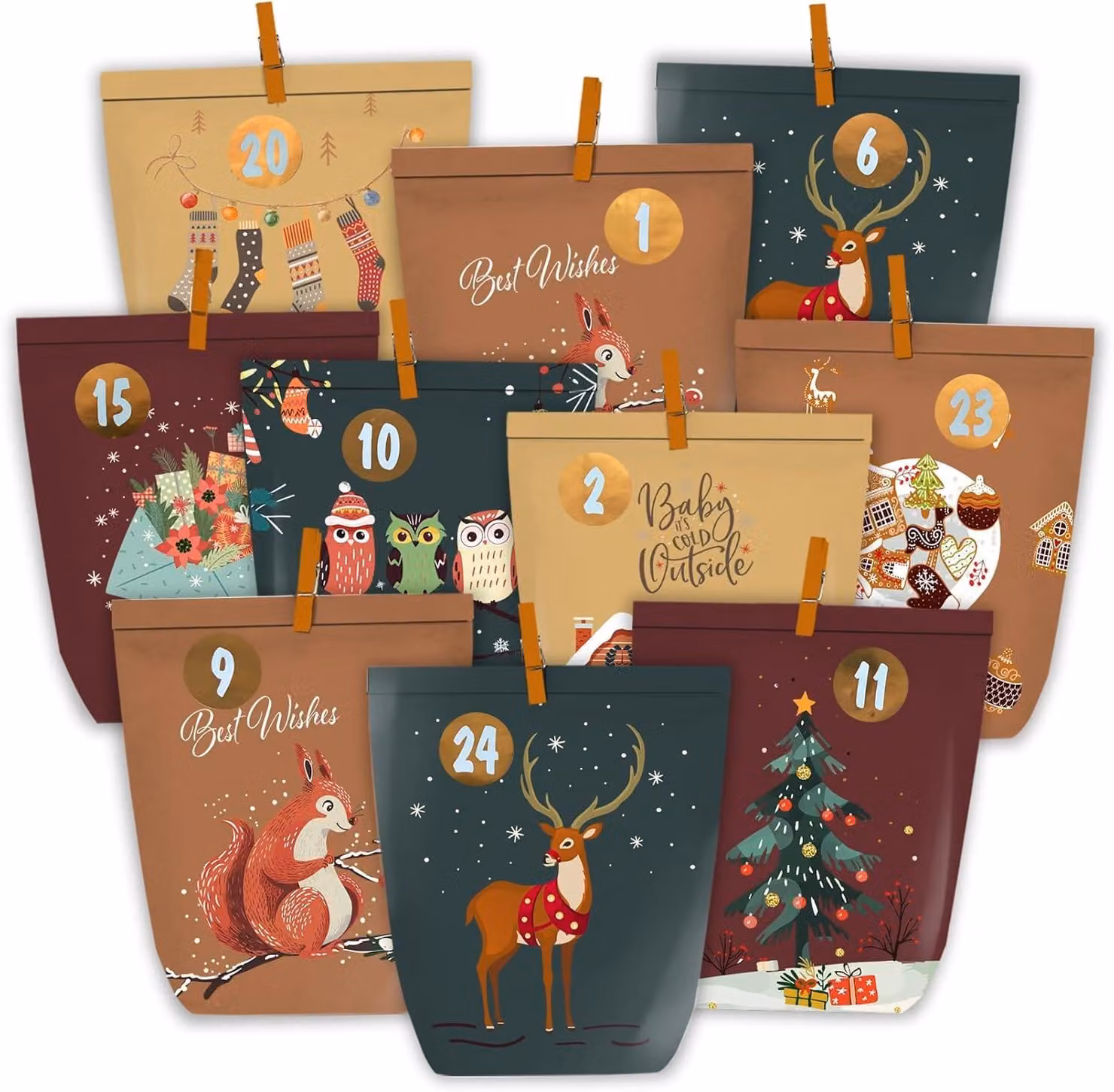 Calendario dell'Avvento da riempire: 24 sacchetti di carta da decorare personalmente per Natale. Sacchetti di carta per l'Avvento con adesivi numerati da posizionare