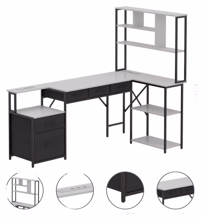 Scrivania a forma di L con ripiano e prese, scrivania d'angolo con cassetti, scrivania da gaming per l'ufficio domestico, scrivania per computer, colore bianco