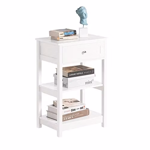 SoBuy Comodino con 1 Cassetto & 2 Mensole, Tavolino da Soggiorno Moderno, Bianco, L45 x P30 x A68cm, FBT46-W