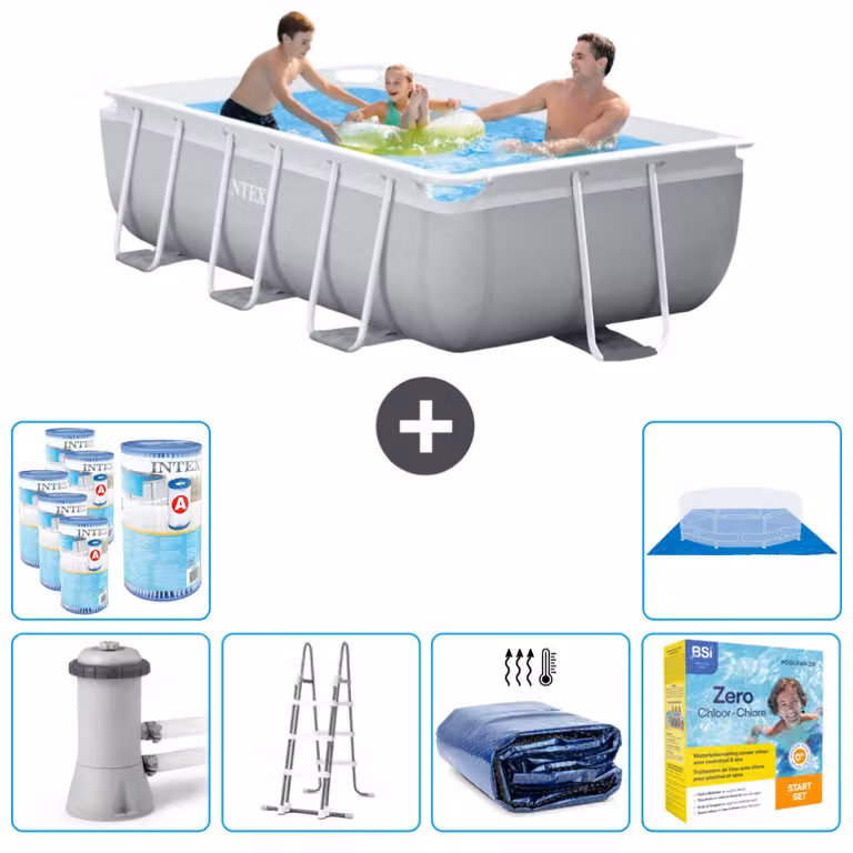 Piscina Intex con struttura a prisma rettangolare - 300 x 175 x 80 cm - grigio - compresa pompa - scala - tenda da sole - pacchetto manutenzione - filtro - telo di fondo