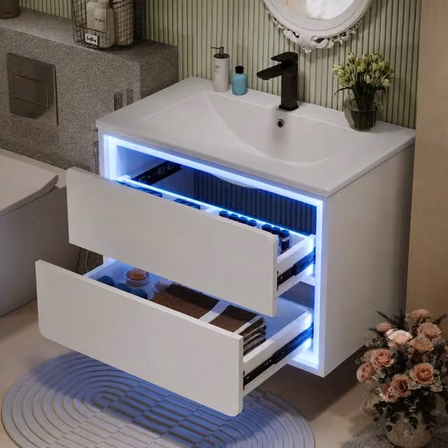 Mobile bagno sospeso 76x46x48,5 cm con lavabo integrato, bianco laccato, 2 cassetti su guide silenziose, luce LED a sensore radar