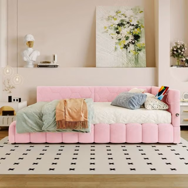 Letto singolo contenitore in velluto rosa con illuminazione LED e porte USB e Type-C, rete sollevabile, L/P/H: 90 x 200 x 102 cm