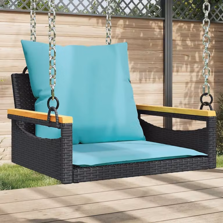 Panchina a dondolo vidaXL in polyrattan e legno di acacia oliato con cuscini, Nera, L: 63 cm, P: 62 cm, H: 40 cm