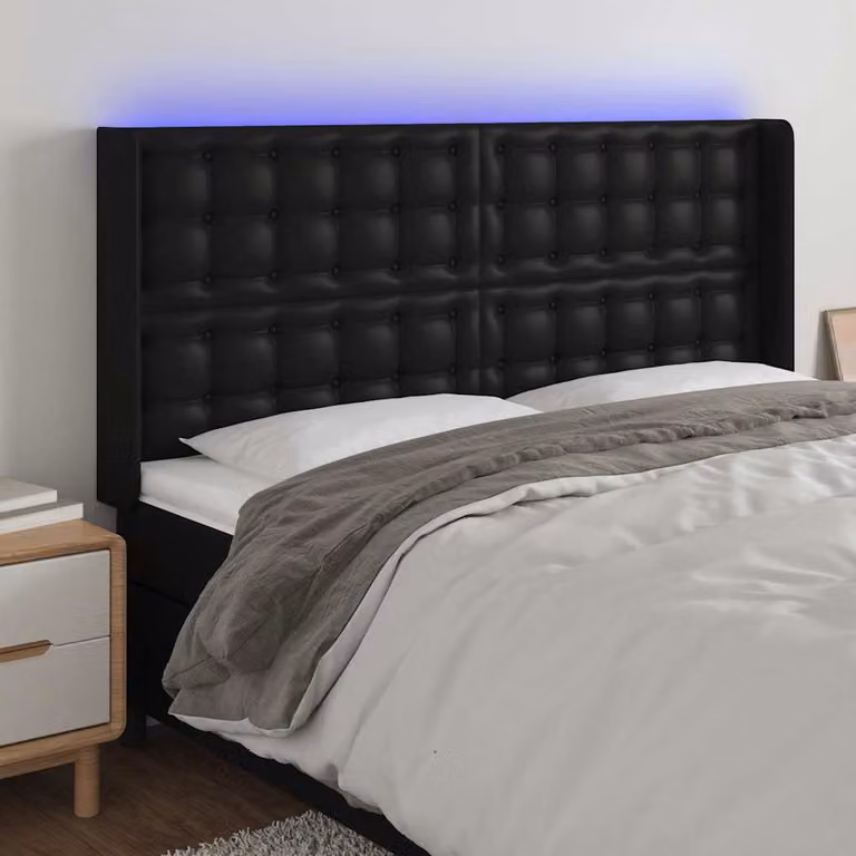 Testiera per letto vidaXL in similpelle nera con illuminazione LED integrata e porta di ricarica USB, L: 183 cm, P: 16 cm, H: 118/128 cm