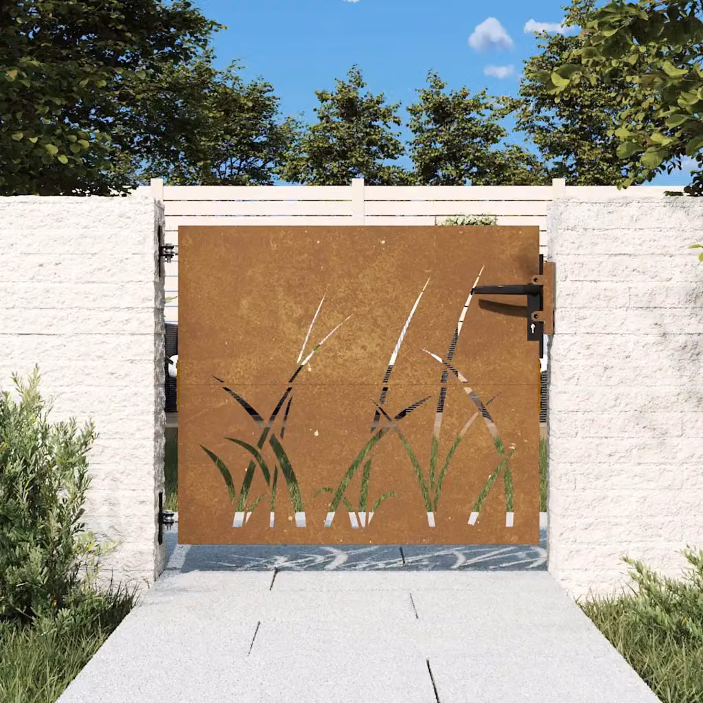 vidaXL Cancello da giardino 85x75 cm in acciaio Corten con design erba