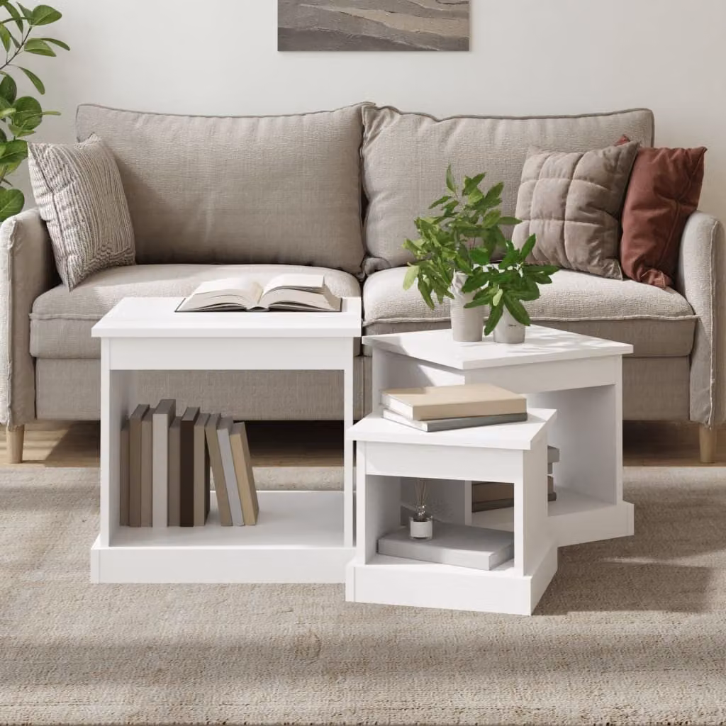 Set di 3 tavolini da salotto vidaXL in legno multistrato e MDF, colore bianco, design rettangolare e finitura opaca