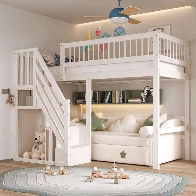 Letto singolo 90x200 cm per bambini in legno massello; letto alto bianco con scaletta e contenitori