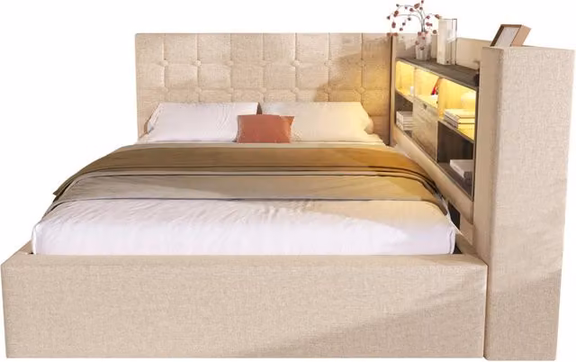 Letto matrimoniale 140x190 in lino beige; letto contenitore idraulico con testiera a L reversibile e luci LED