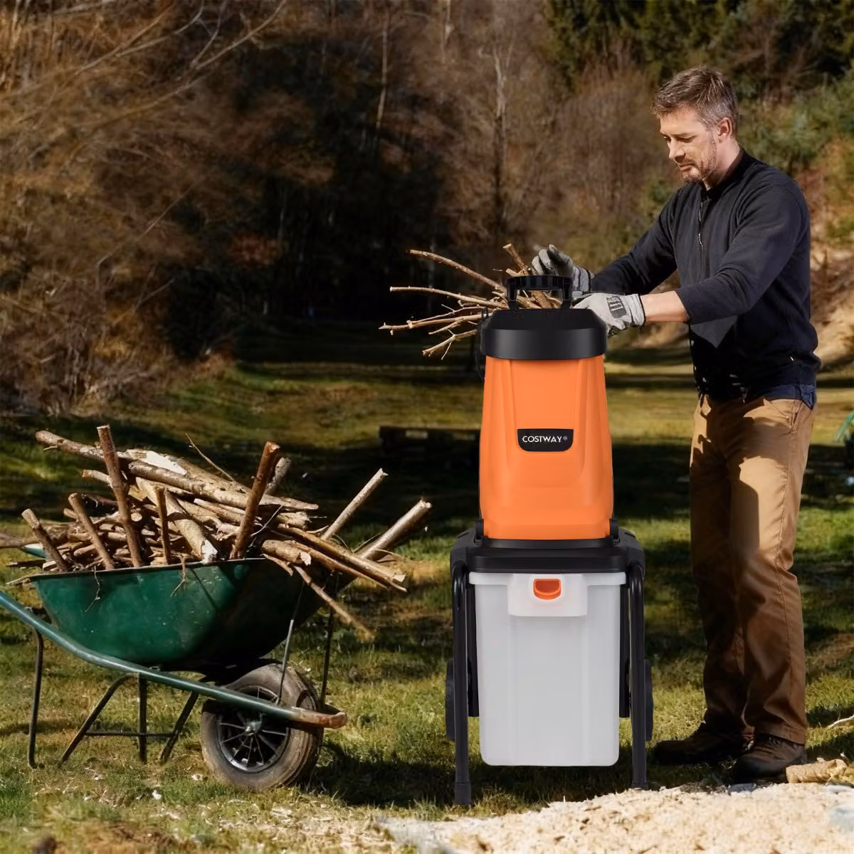 Trituratore elettrico per legno Costway da 2800W con cesto da 50 l, arancione