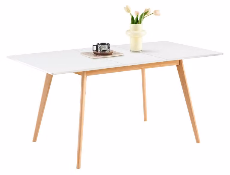 Tavolo allungabile rettangolare, bianco, stile scandinavo, in MDF e legno di faggio, dimensioni 120-160 x 80 x 75 cm