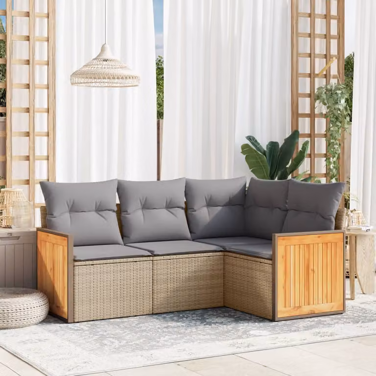 Set Divano da Giardino a L vidaXL 4 pz con Cuscini Beige e Struttura in Metallo e Legno di Acacia