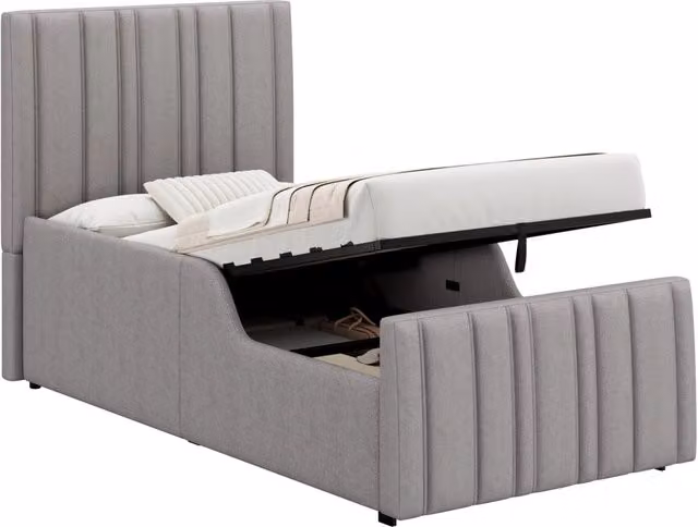 Letto per bambini imbottito con contenitore idraulico; per materasso 90x200 cm; rete a doghe; lino grigio